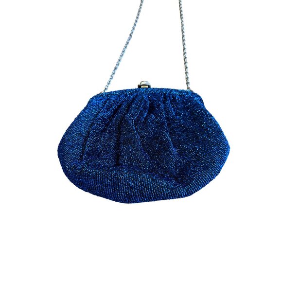 Vintage Blue Metallic Iridescent Evening Clutch Bag With Strap & Floral Clasp - Picture 1 of 8